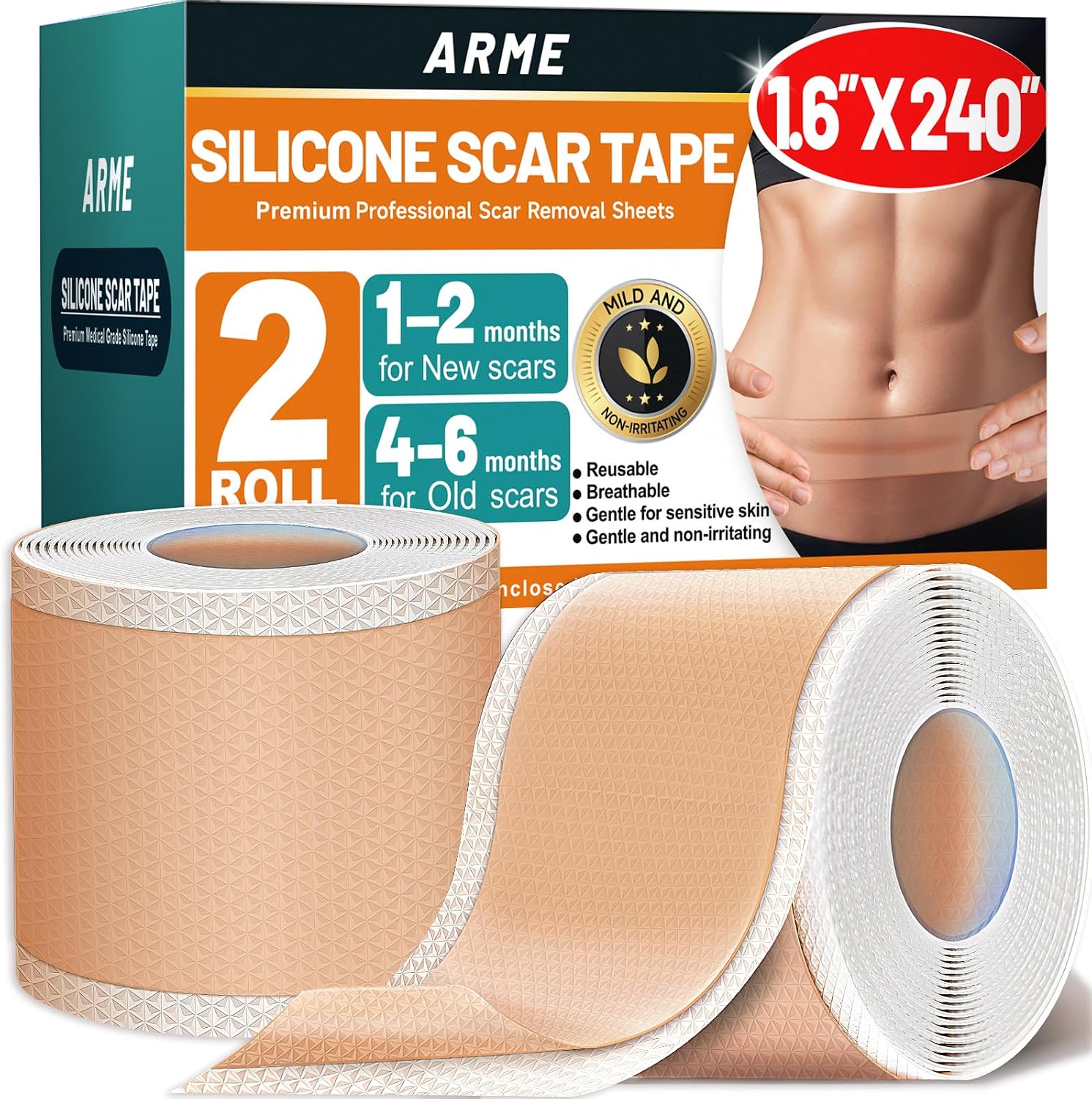 Arme Silicone Scar Tape, 1.6" x 240" Silicone Scar Sheets(2 Rolls-6M), Medical Grade Scar Tape Removal Sheets for Surgical Scars, Reusable Scar Removal Strips for Tummy Tuck C-Section Keloid