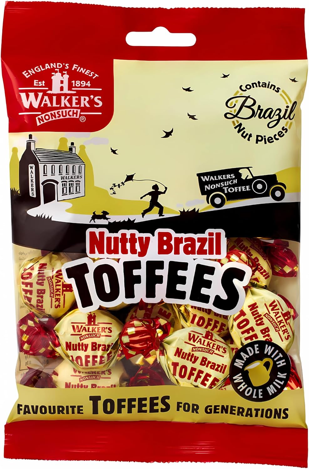 Walkers Nonsuch Nutty Brazil Toffees Bag 5.29 Oz (150g) – British Candy with Brazil Nuts, Individually Wrapped Butter Toffee Candy, English Toffee Sweets & Gourmet Food Gifts from UK