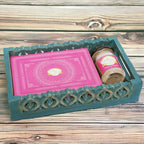 Ghasitaram Gifts Jaiccha Holi- Sweets/Holi Hampers/Thandai Blue Wooden Tray of Gujiyas and Thandai