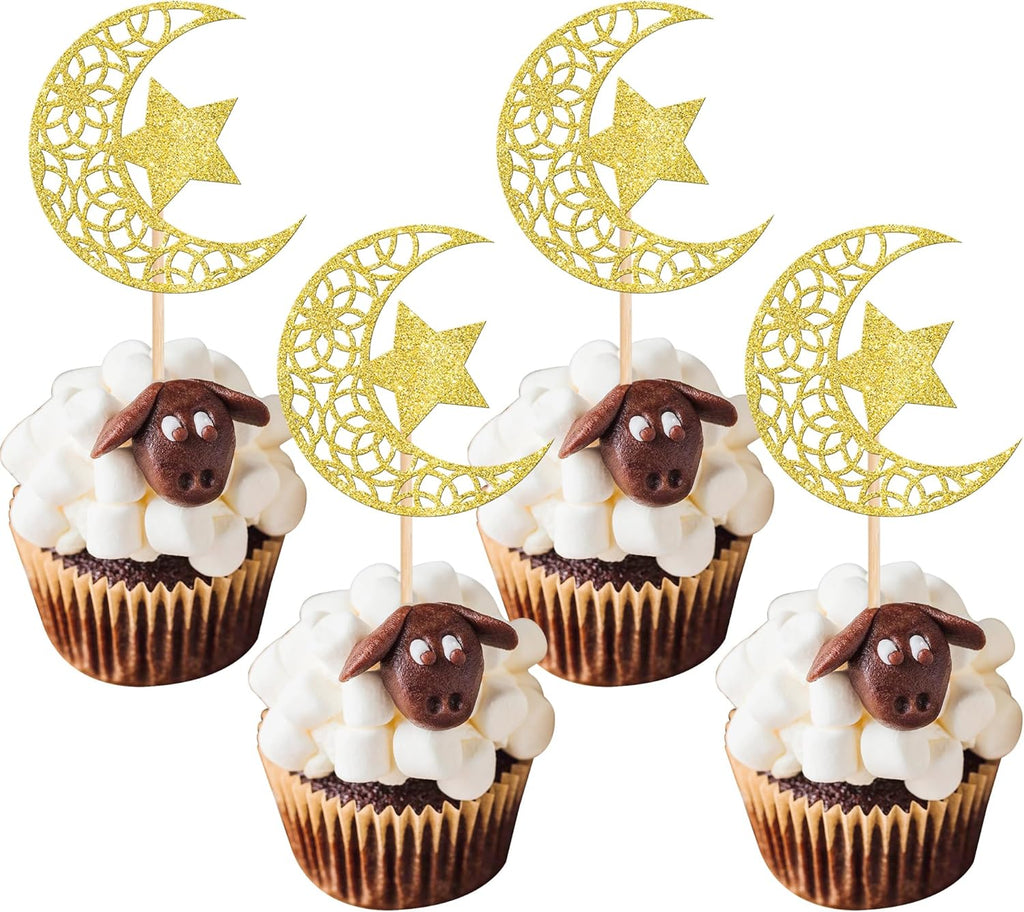 Rsstarxi 24 Pack Gold Glitter Moon and Star Cupcake Toppers Eid Mubarak Cupcake Toppers Ramadan Kareem Party Cupcake Picks for Eid Islamic Muslim Party Cake Decorations