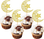 Rsstarxi 24 Pack Gold Glitter Moon and Star Cupcake Toppers Eid Mubarak Cupcake Toppers Ramadan Kareem Party Cupcake Picks for Eid Islamic Muslim Party Cake Decorations