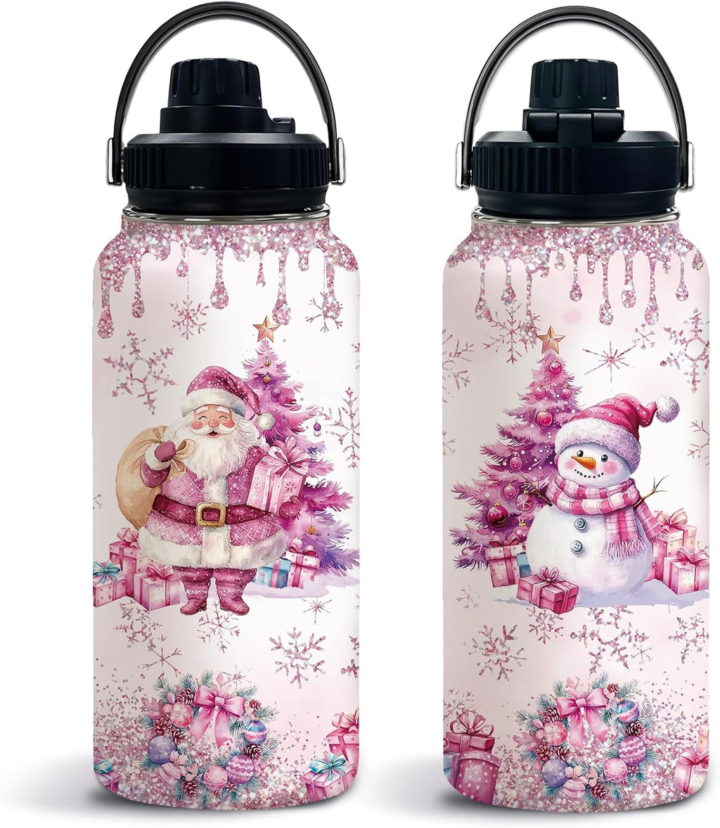 Christmas Gifts for Women, Snowman Water Bottle with Lid 32 Oz, Large Pink Tumbler Gifts for Girls Friends Mom Daughters Wife, Santa Claus Stainless Steel Travel Mug for Holiday, 1 PCS