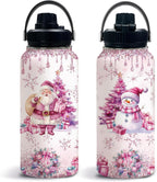 Christmas Gifts for Women, Snowman Water Bottle with Lid 32 Oz, Large Pink Tumbler Gifts for Girls Friends Mom Daughters Wife, Santa Claus Stainless Steel Travel Mug for Holiday, 1 PCS