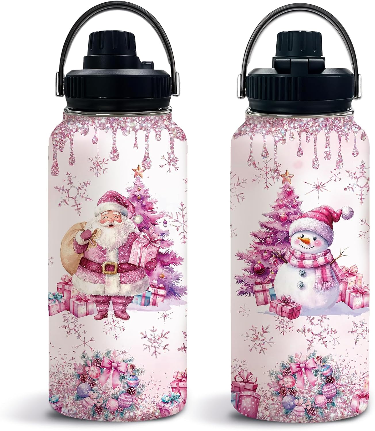 Christmas Gifts for Women, Snowman Water Bottle with Lid 32 Oz, Large Pink Tumbler Gifts for Girls Friends Mom Daughters Wife, Santa Claus Stainless Steel Travel Mug for Holiday, 1 PCS