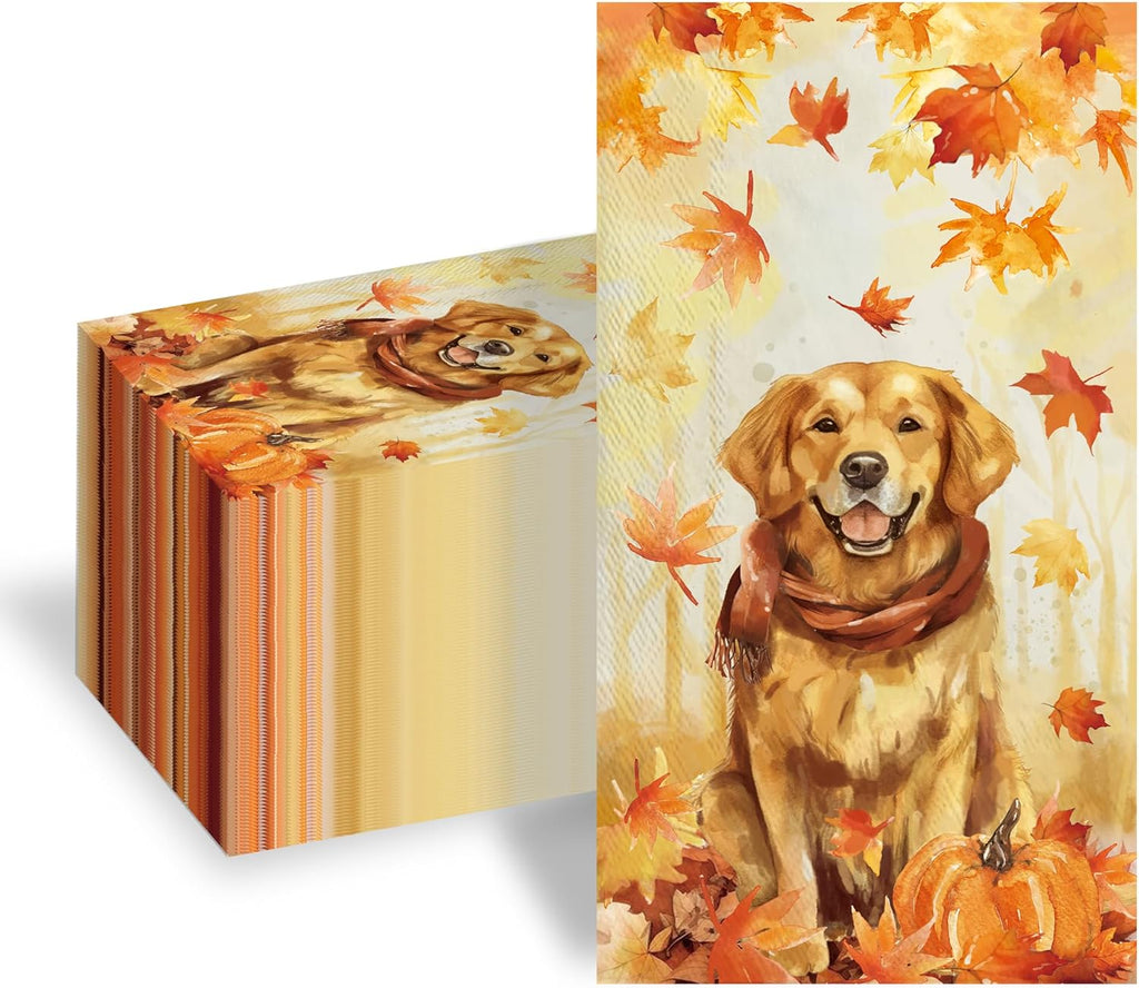 100pcs Maple Leaves Golden Retriever Napkins 3-Ply Thanksgiving Napkins for Decoupage Disposable Guest Hand Towels for Bathroom Home Kitchen Table Harvest Party