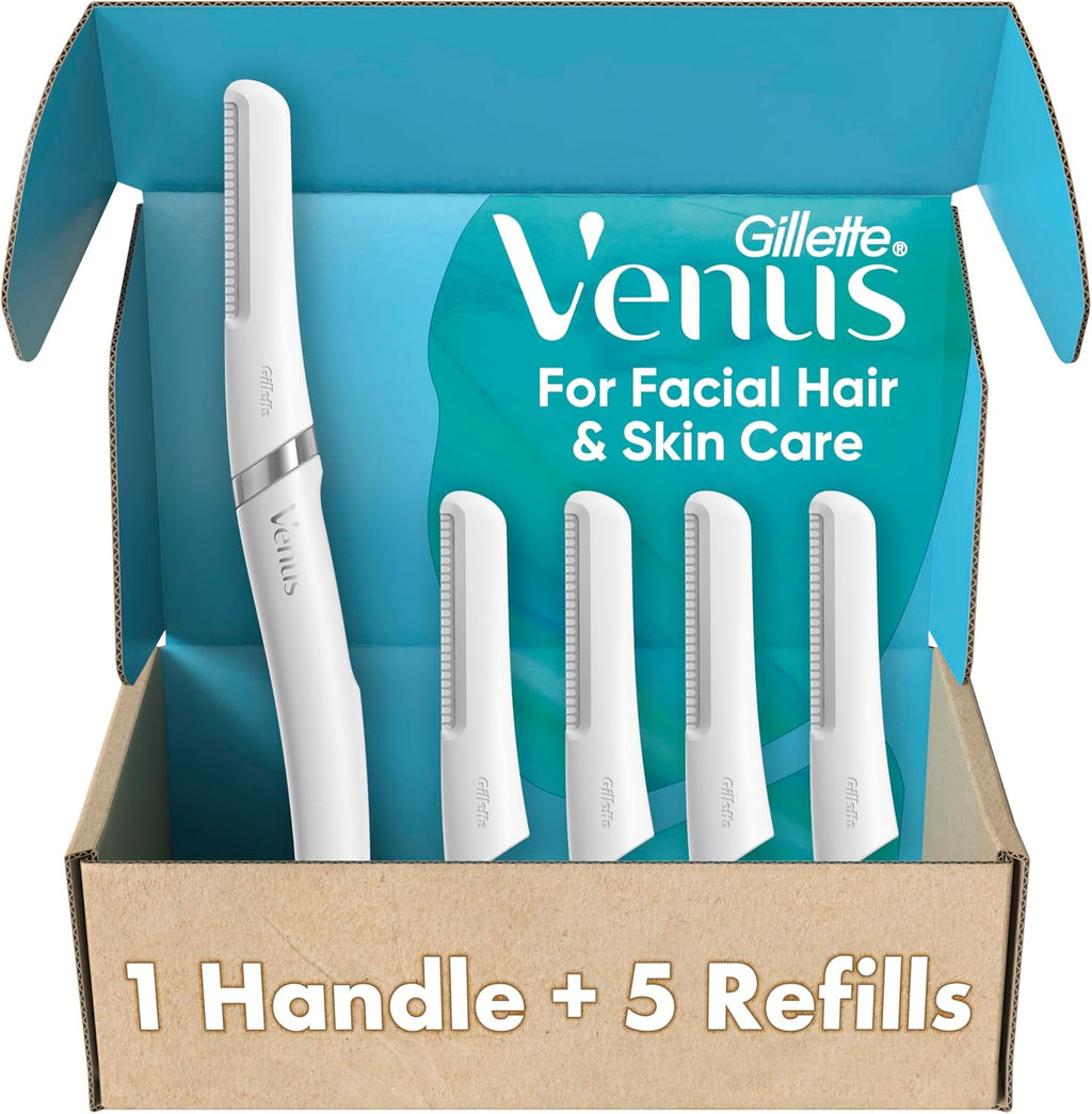 Gillette Venus Facial Razor, Exfoliating Dermaplaning Tool for Face, Replaceable Refills, Removes Fine Facial Hair, Exfoliates Dead Skin, Skin Defense Guard, Handle with 5 Blade Refills