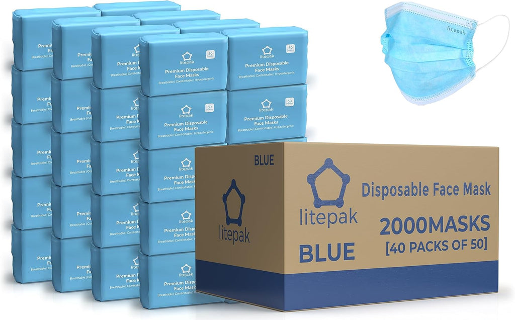 2,000pcs Disposable Face Masks- 3 Ply Breathable Mask For Adults - Blue (40 Packs of 50)