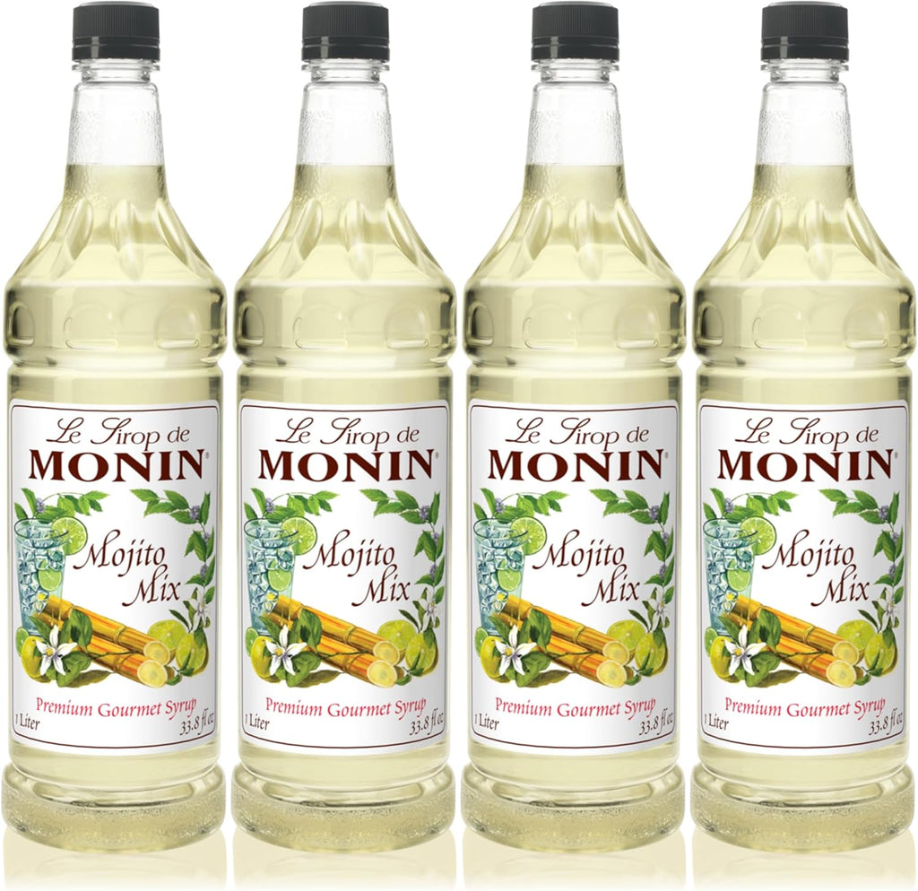 Monin - Mojito Mix Syrup, Sweet Herbal Mint Flavor, Great for Frozen Cocktails, Mocktails, & Delicious Desserts, Gluten-Free, Vegan (1 Liter, 4-Pack)