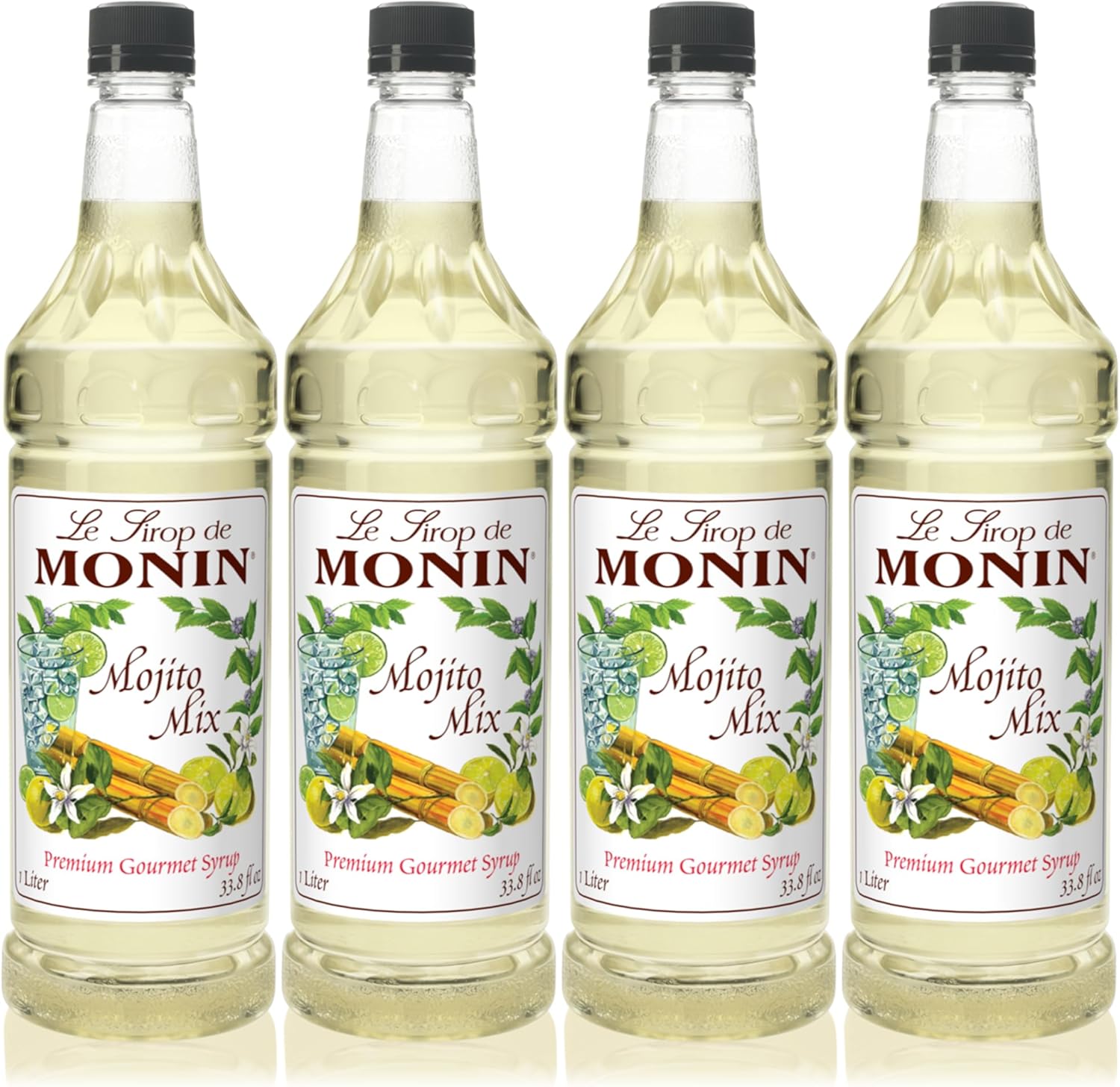 Monin - Mojito Mix Syrup, Sweet Herbal Mint Flavor, Great for Frozen Cocktails, Mocktails, & Delicious Desserts, Gluten-Free, Vegan (1 Liter, 4-Pack)