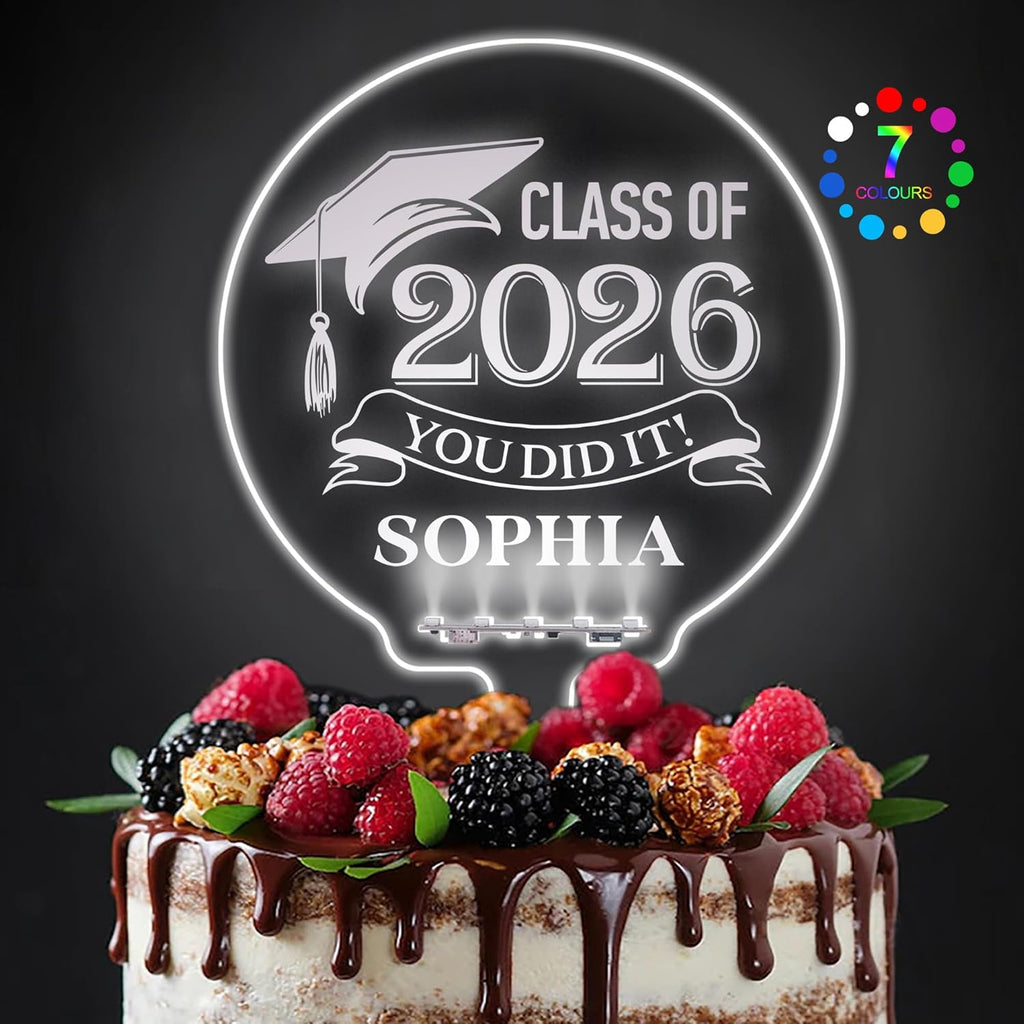 LED Personalized Graduation Cake Topper Gifts 7 Colour Changes Light Up Custom Acrylic Congrats Grad Cake Topper with Any Name for University College High School Cake Decorations(Design 2)