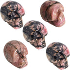 Mini 1" Crystal Human Skull Head Statue Figurine, Hand Carved Pocket Stone Halloween Sculptures Decoration Healing Reiki, Pack of 5, Rhodonite