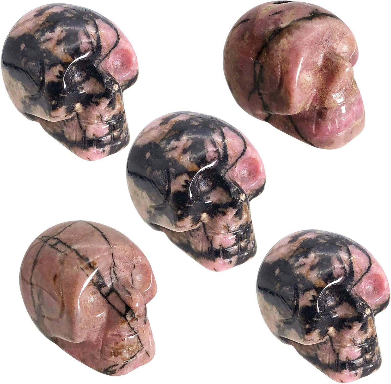 Mini 1" Crystal Human Skull Head Statue Figurine, Hand Carved Pocket Stone Halloween Sculptures Decoration Healing Reiki, Pack of 5, Rhodonite