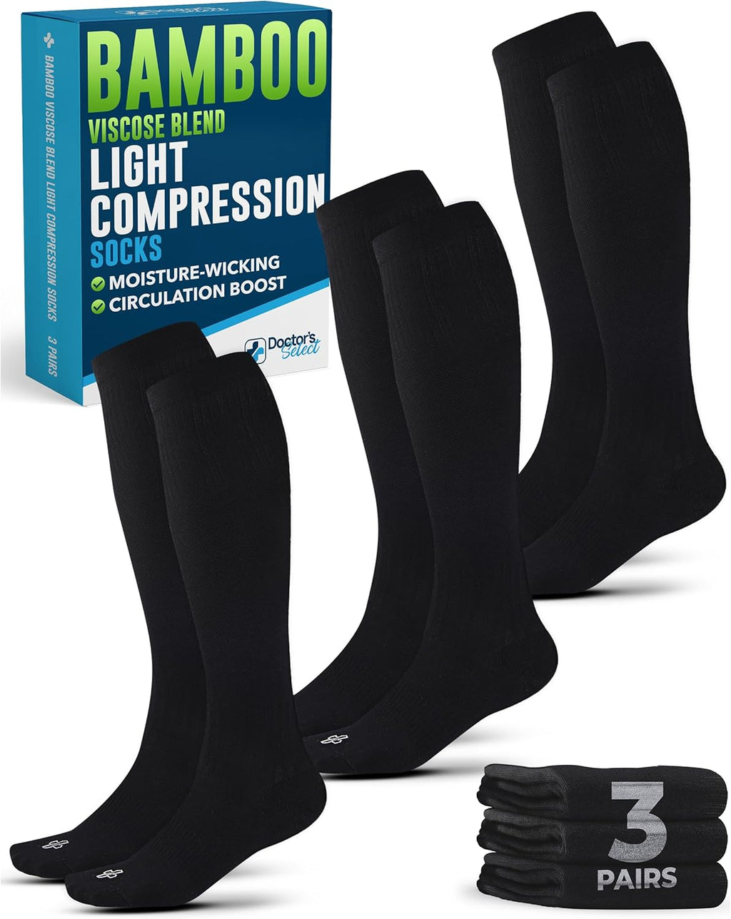 Doctor's Select Bamboo Viscose Light Compression Socks for Women & Men - 3 Pairs, 8-15 mmHg Compression Socks, Knee High