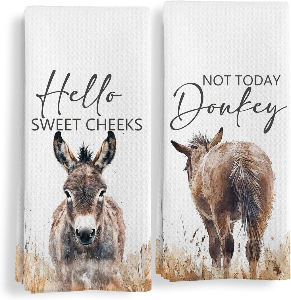 Donkey Gifts Funny Hand Towels Set of 2, Hello Sweet Cheeks Not Today Donkey Botanical Decorative Hand Towels for Bathroom Decor, Funny Farmhouse Bathroom Decor, Dish Cloths & Dish Towel