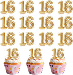 50 PCS Edible 16th Birthday Cupcake Toppers Gold Wafer Paper Sweet 16 Hello 16 Cake Toppers Edible 16th Birthday Party Decorations for 16 Years Theme Sixteen Party Cake Decorations Supplies
