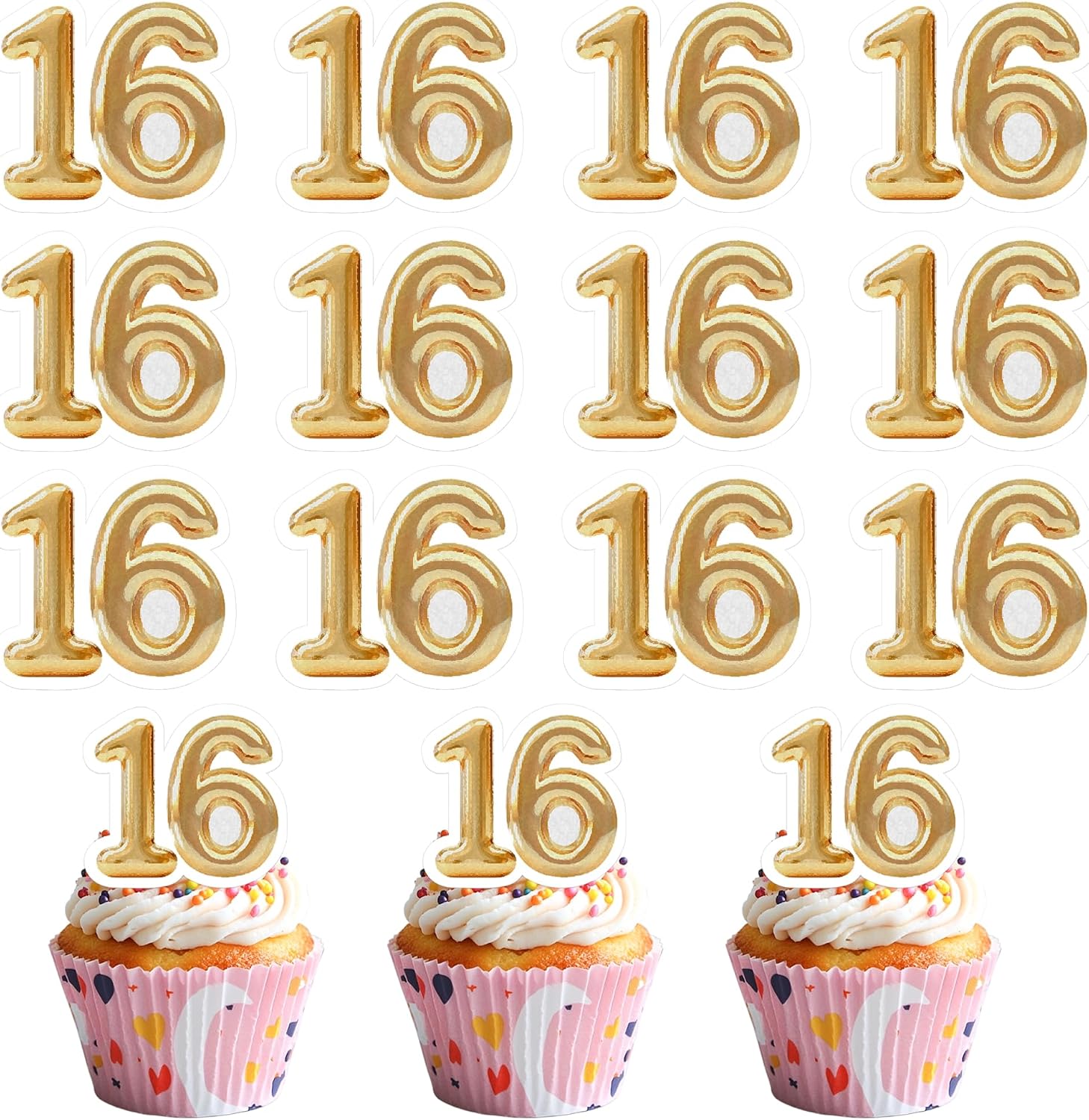 50 PCS Edible 16th Birthday Cupcake Toppers Gold Wafer Paper Sweet 16 Hello 16 Cake Toppers Edible 16th Birthday Party Decorations for 16 Years Theme Sixteen Party Cake Decorations Supplies