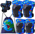 FIODAY Knee Pads for Kids Dinosaur Knee Elbow Pads Wrist Guards with Drawstring Bag Adjustable 7 in 1 Protective Gear Set for Boys Inline Skating Bike Cycling Skateboard Scooter, 3-8 Years, Blue