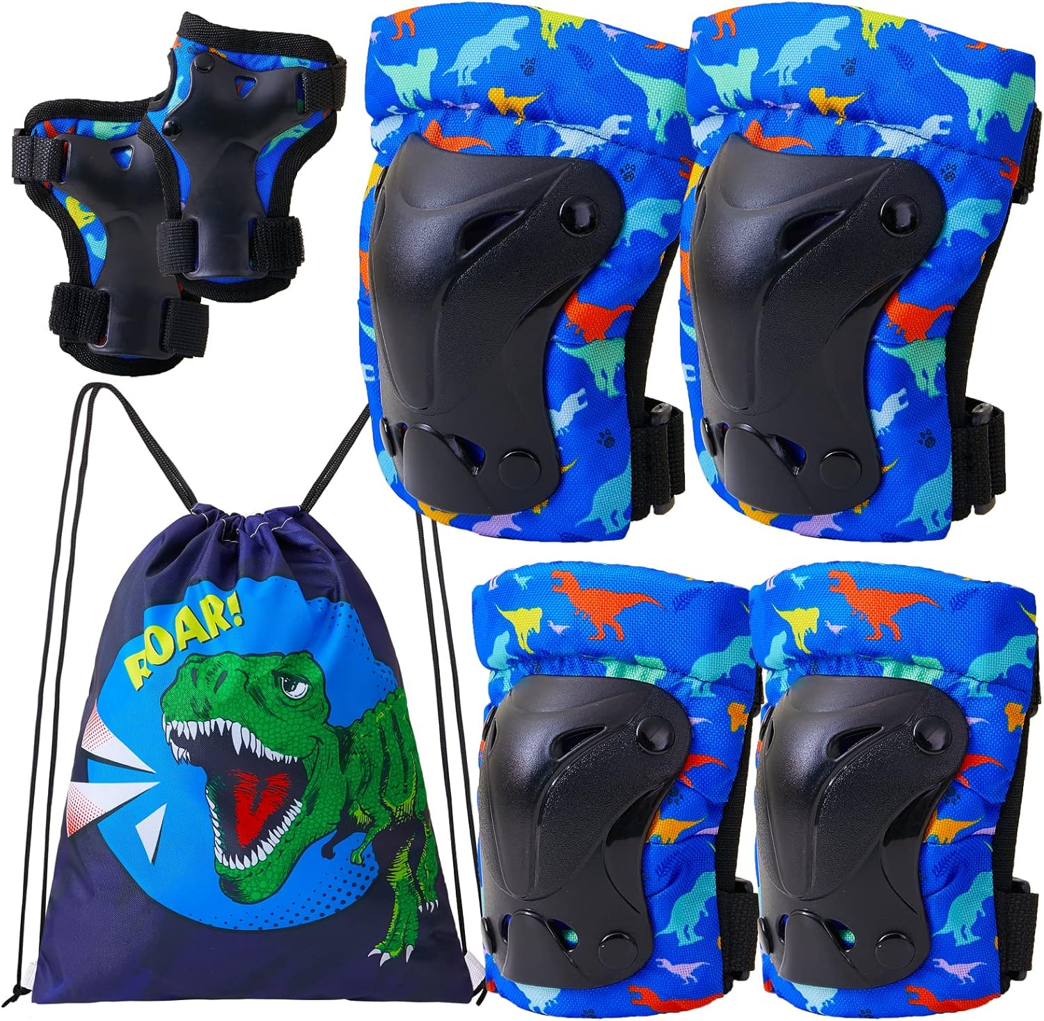 FIODAY Knee Pads for Kids Dinosaur Knee Elbow Pads Wrist Guards with Drawstring Bag Adjustable 7 in 1 Protective Gear Set for Boys Inline Skating Bike Cycling Skateboard Scooter, 3-8 Years, Blue
