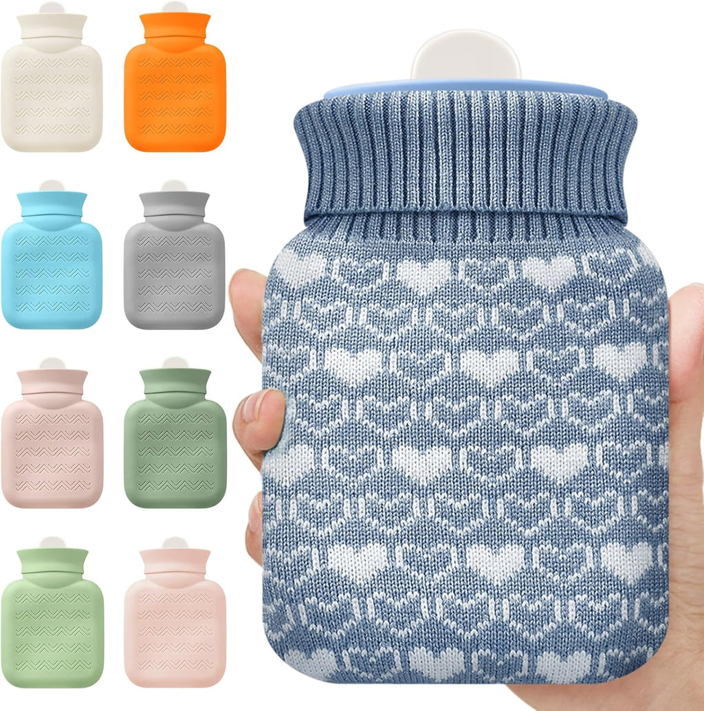 Amylove Mini Hot Water Bottle with Knitted Cover 320ml, Mother's Gift Water Bag for Women, Microwave Heating Bottle for Pain Relief Menstrual Cramps Travel(Stone Blue)