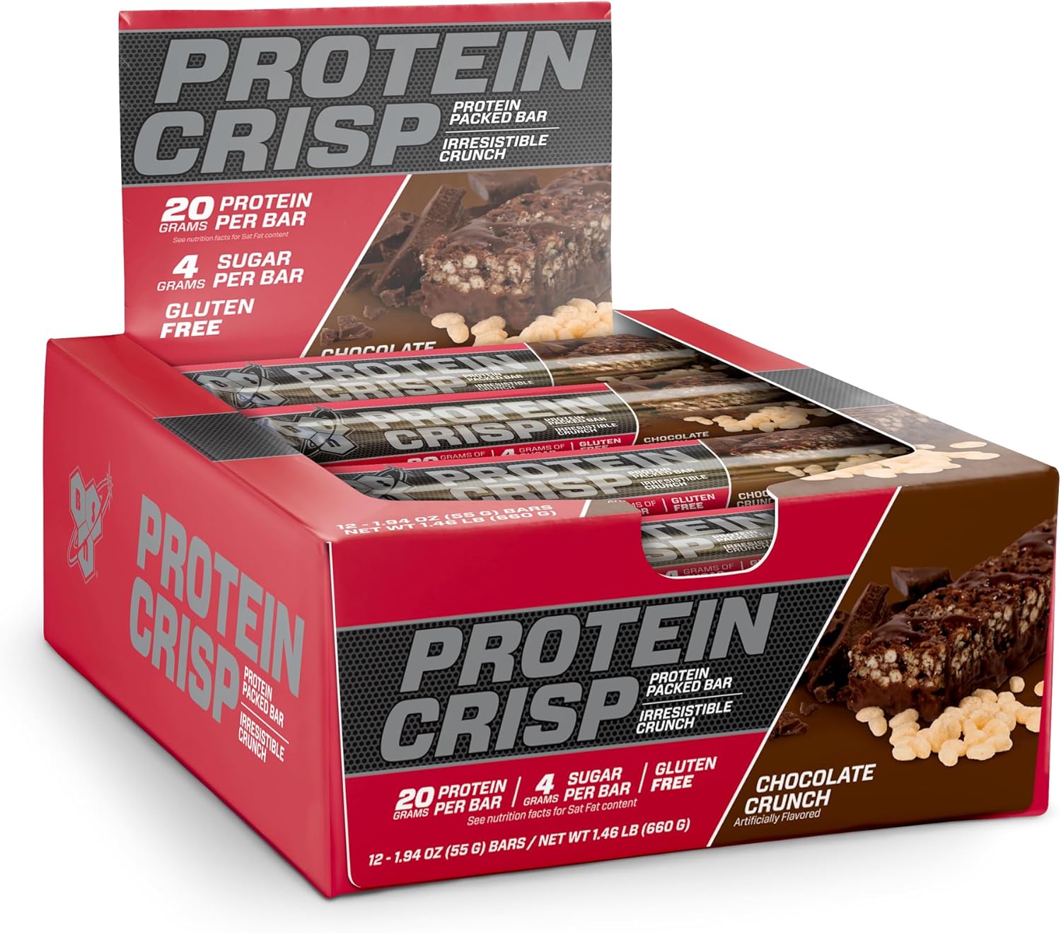 BSN Protein Crisp Bar, Chocolate Crunch, 20 Gram Protein Snack Bars with Whey and Fiber, Gluten-Free Crunchy Energy Bars for Workout, Fitness, On-the-Go, 12 Count