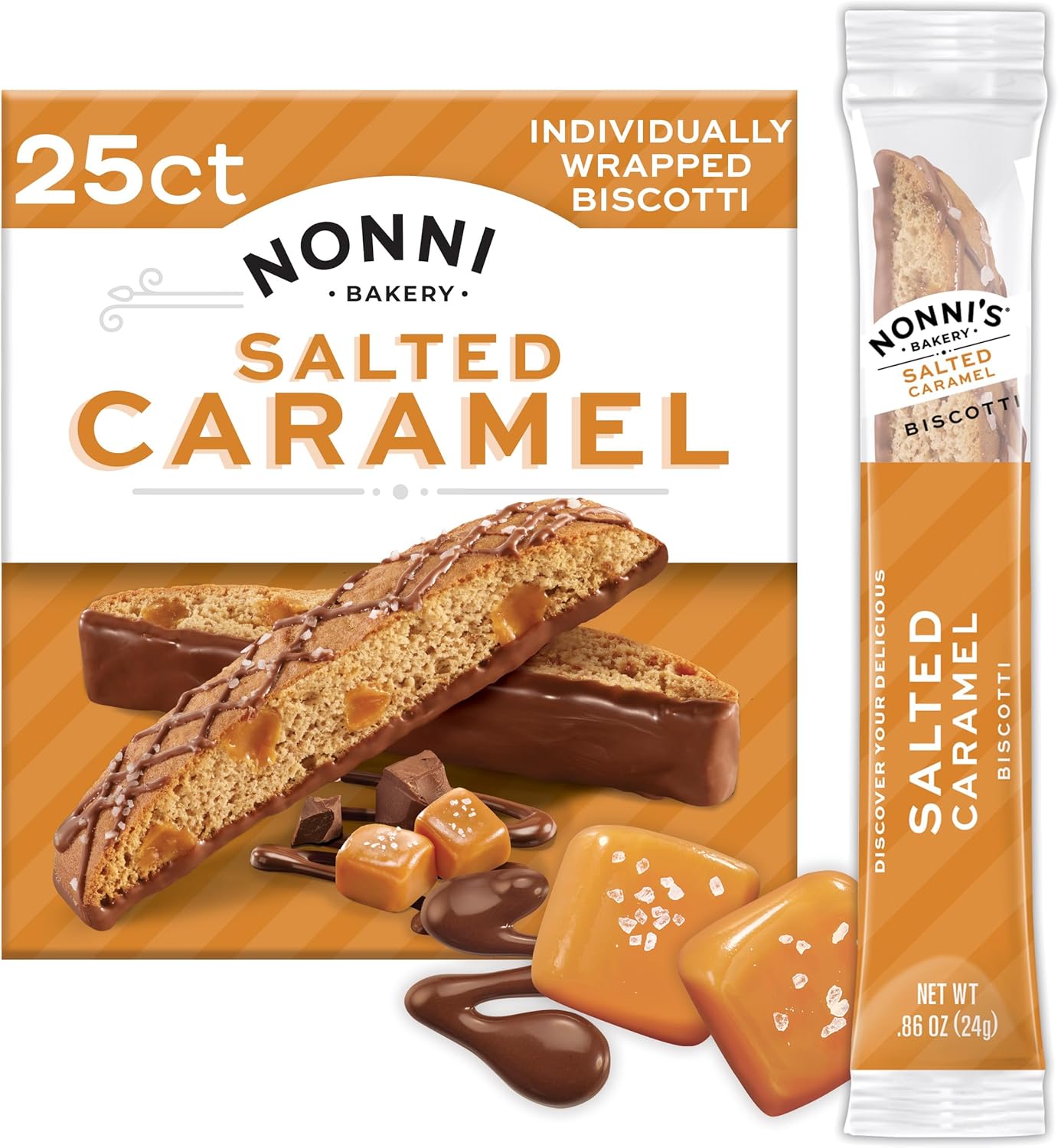 Nonni's Bakery Salted Caramel Biscotti Cookies, Individually Wrapped Coffee and Tea Biscuit Snack, 21 oz, 25 Count