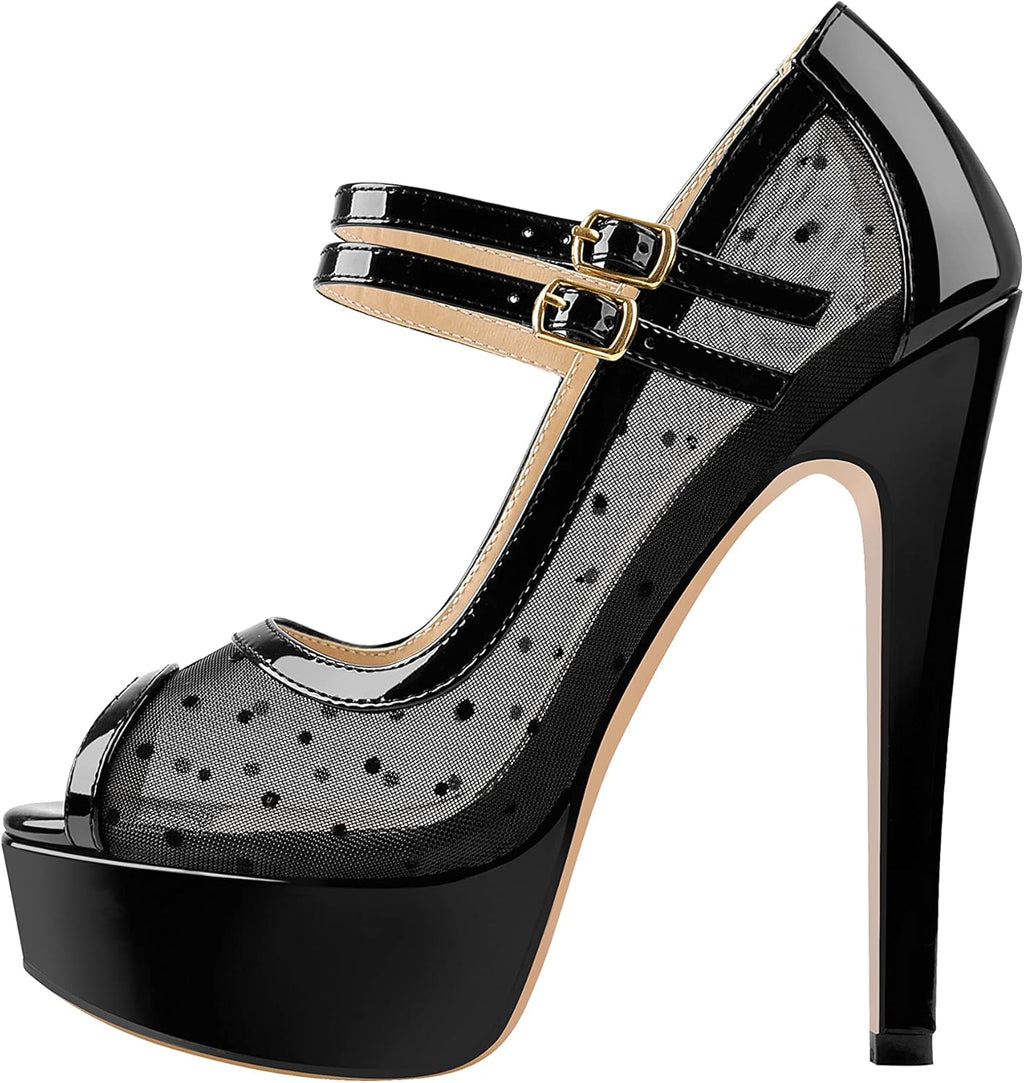 Women's Platform Sandals Mesh Ankle Strap Stiletto High Heels Open Toe Peep Toe