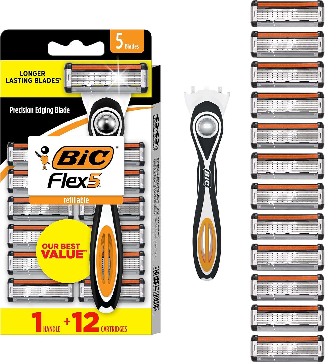BIC Flex 5 Refillable Razors for Men, Long-Lasting 5 Blade Razors for a Smooth and Comfortable Shave, 1 Handle and 12 Cartridges, 13 Piece Shaving Kit