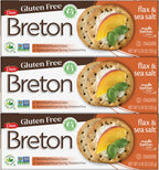 Breton Gluten Free Flax & Sea Salt Crackers (Pack of 3) - Non-GMO, Plant-Based, For Snacking, Dips, Cheese and Spreads, 3x4.76oz