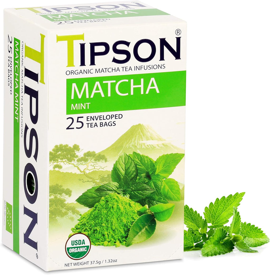 Tipson Organic Matcha Green Tea - Mint - 25 Foil Enveloped Double Chambered Bags - Keto/Paleo
