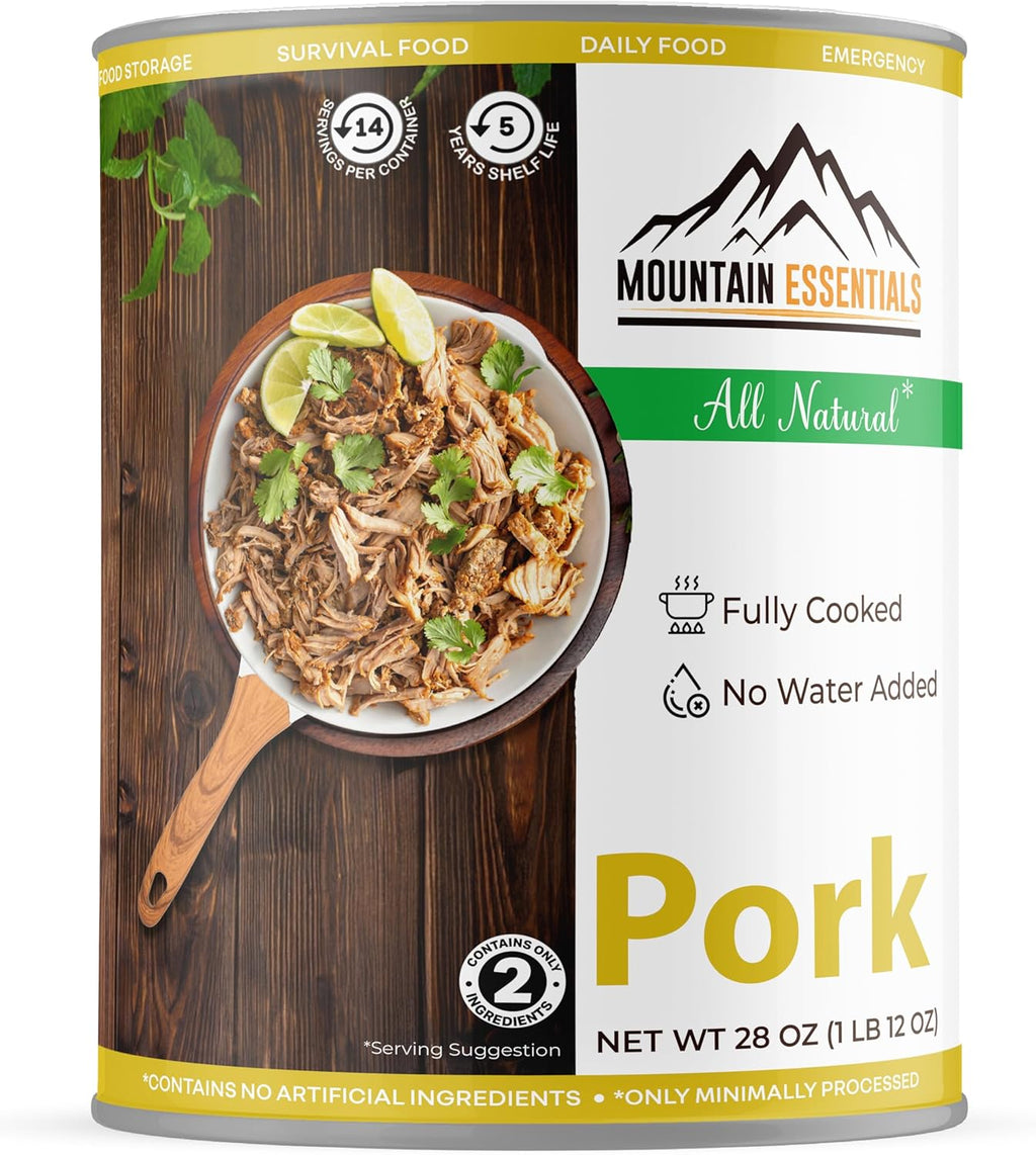 MOUNTAIN ESSENTIALS Canned Pork 28 Oz – Fully Cooked, Ready to Eat – Pantry Staple Canned Meat for Everyday Meals, Emergency Survival & Bulk Food Storage – 5-Year Shelf Life – Made in USA – 1 Pack