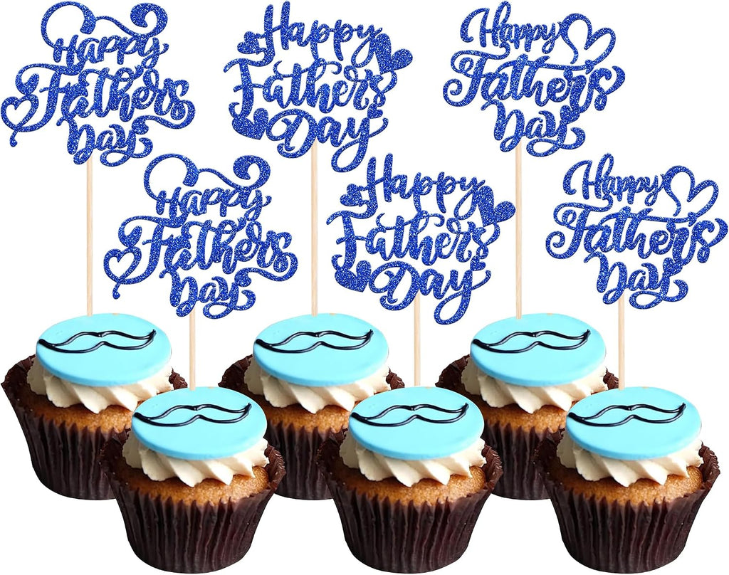 Rsstarxi 24 Pack Happy Father's Day Cupcake Toppers Happy Fathers Day Party Decorations Love Daddy Best Father Cupcake Picks for Happy Father's Day Party Cake Decorations Deep Blue