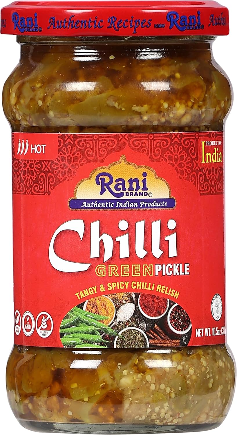 Rani Green Chilli Pickle Hot (Achar, Spicy Indian Relish) 10.5oz (300g) Glass Jar ~ Vegan | Gluten Free | NON-GMO | No Colors | Popular Indian Condiment, Indian Origin
