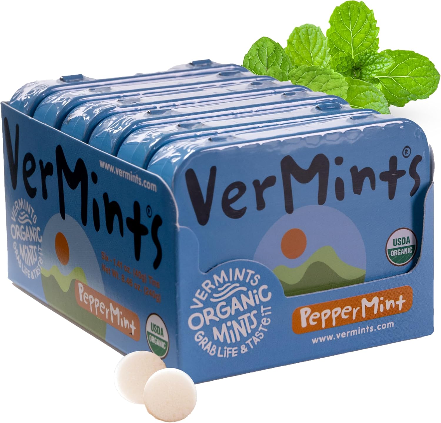 VerMints Organic Breath Mints PepperMint Candy Mints for Real Long-Lasting Flavor, Travel Size Tin - Non-GMO, Nut Free, Gluten Free, Vegan, Kosher Peppermints - 1.41oz Tins (Pack of 6)