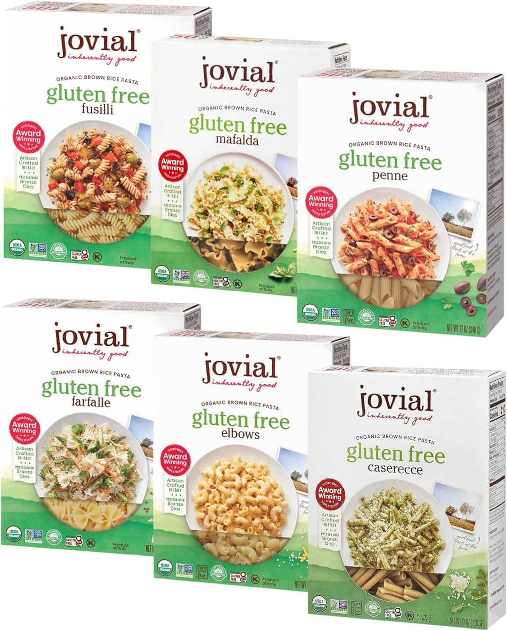 Jovial Whole Grain Brown Rice Pasta Variety Pack (Mafalda, Farfalle, Elbows, Fusilli, Casarecce, Penne) - Organic Whole Grain Brown Rice Pasta, Gluten Free, Dairy Free, Made in Italy - 12 Oz, 6 Pack