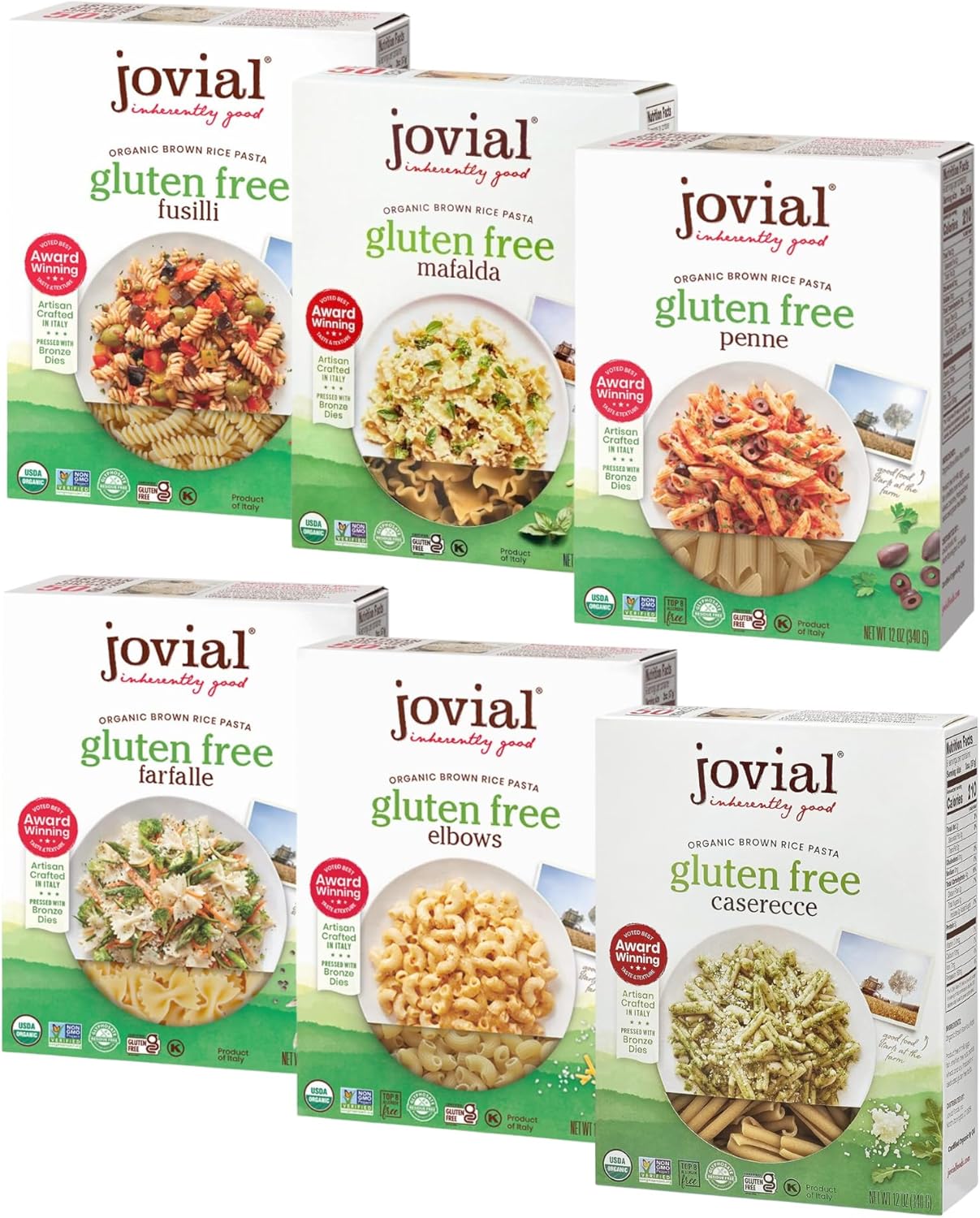 Jovial Whole Grain Brown Rice Pasta Variety Pack (Mafalda, Farfalle, Elbows, Fusilli, Casarecce, Penne) - Organic Whole Grain Brown Rice Pasta, Gluten Free, Dairy Free, Made in Italy - 12 Oz, 6 Pack