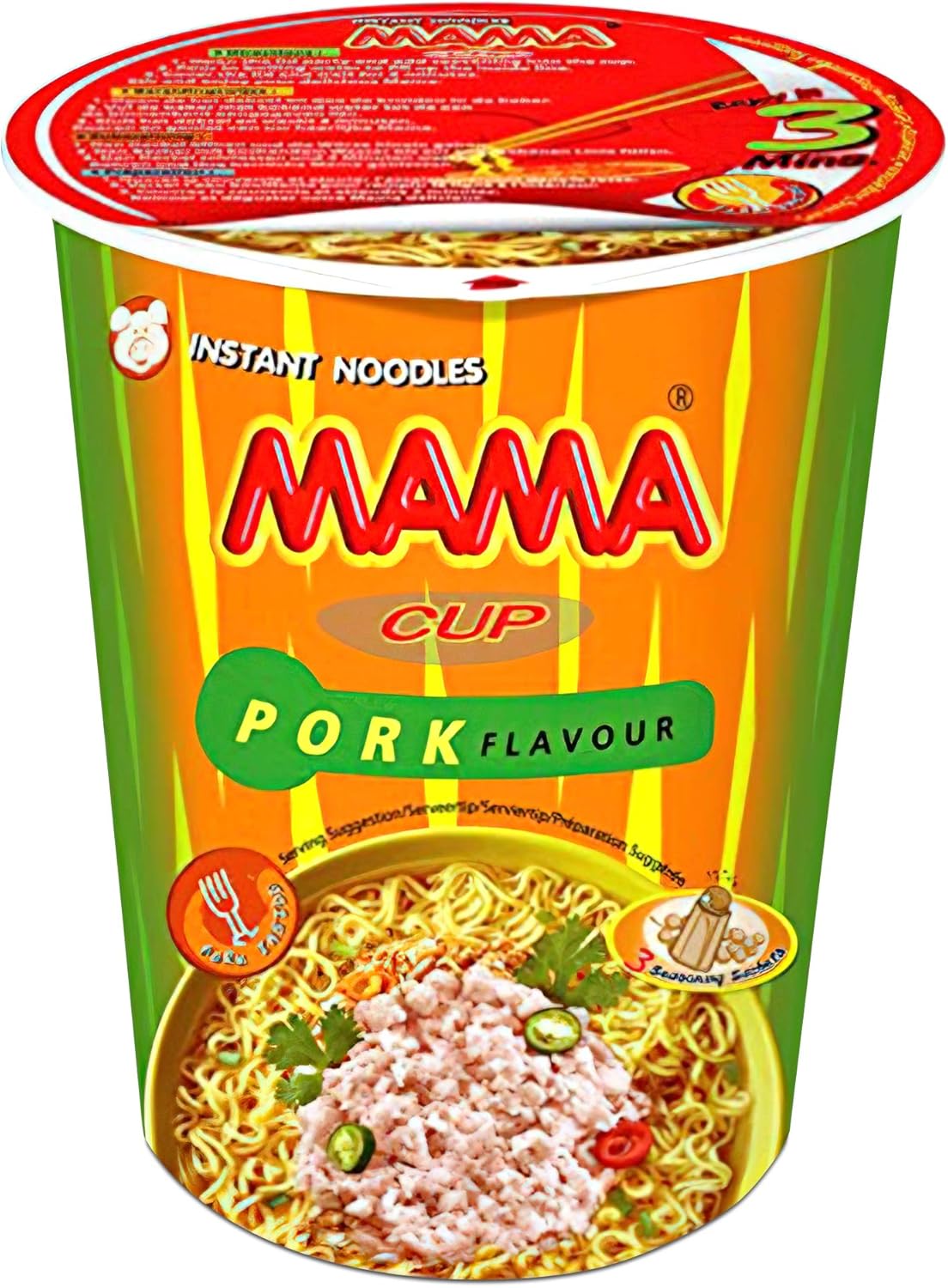 MAMA Noodles PORK Instant Cup of Noodles with Delicious Thai Flavors, Hot And Spicy Noodles with Pork Soup Base, No Trans Fat with Fewer Calories Than Deep Fried Noodles (Pork Flavor, 6 Pack)