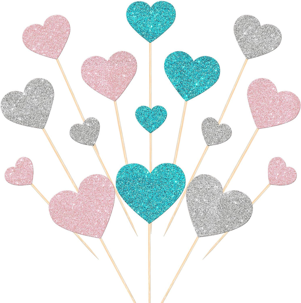 Rsstarxi 35 Pack Love Heart Cupcake Toppers Glitter Sweet Heart Cupcake Picks for Baby Shower Bridal Wedding Birthday Valentine's Day Party Cake Decorations Supplies Pink Blue Silver