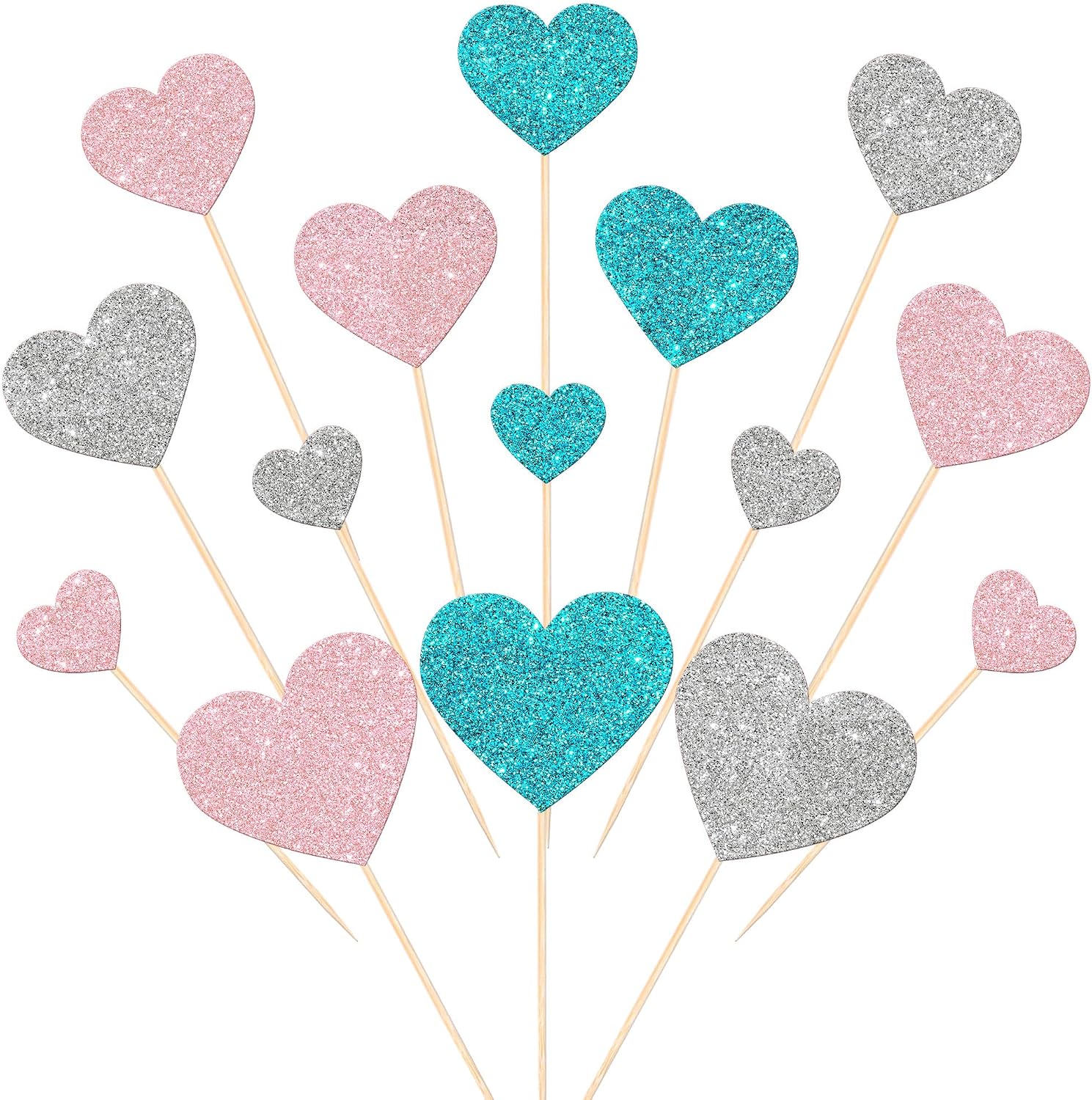 Rsstarxi 35 Pack Love Heart Cupcake Toppers Glitter Sweet Heart Cupcake Picks for Baby Shower Bridal Wedding Birthday Valentine's Day Party Cake Decorations Supplies Pink Blue Silver