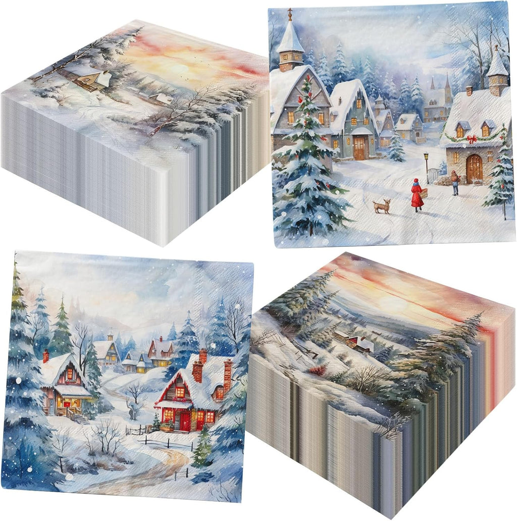 Winter Wonderland Decorations-40pcs Winter Wonderland Napkins Christmas Snow House Paper Napkins, Winter Landscape Villa Snow House Scene Paper Napkins for Xmas Holiday Party Supplies