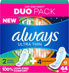 Always Ultra Thin Pads Duo Pack, Feminine Pads with Wings for Women, Size 2 Long Super and 4 Overnight Absorbency, Unscented, Up to 100% Leak-Free Protection, 44 CT