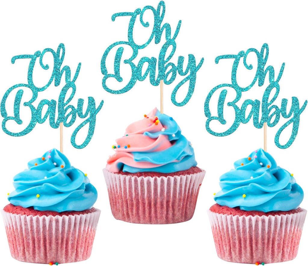 Rsstarxi 24 Pack Oh Baby Cupcake Toppers Glitter Gender Reveal Themed Cupcake Picks Baby Shower Cake Decoration for Baby Baptism Kids Birthday Party Decorations Blue