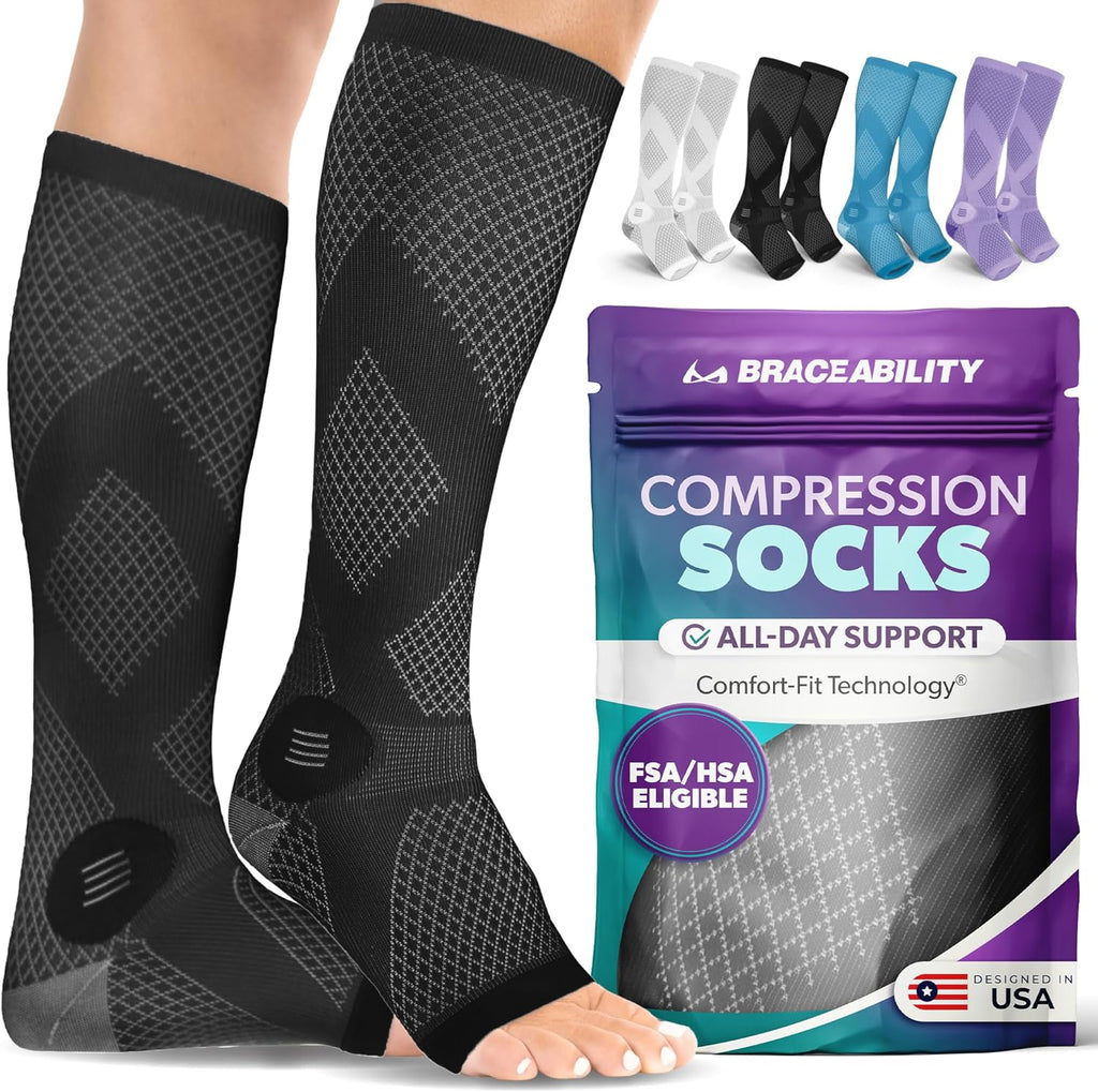 BraceAbility Compression Socks for Circulation - 20-30 mmHg Knee High Neuropathy Open Toe Stockings Best for Varicose Veins, Restless Leg, POTS, Toeless Support for Men or Women - 1 Pair (L - Black)