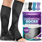 BraceAbility Compression Socks for Circulation - 20-30 mmHg Knee High Neuropathy Open Toe Stockings Best for Varicose Veins, Restless Leg, POTS, Toeless Support for Men or Women - 1 Pair (L - Black)