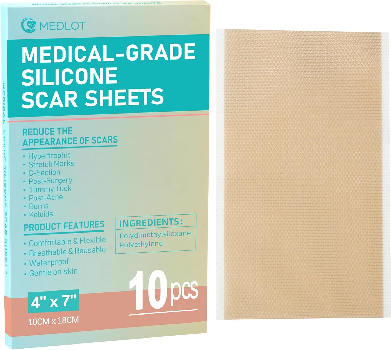 Silicone Scar Sheets, Large 10Pcs 4” x 7” Each, Medical Silicone Tape for Scar Treatment, Scar Patches for C-Section, Keloid Bump, Stretch Marks, Burn, Acne, Surgical Scar Removal