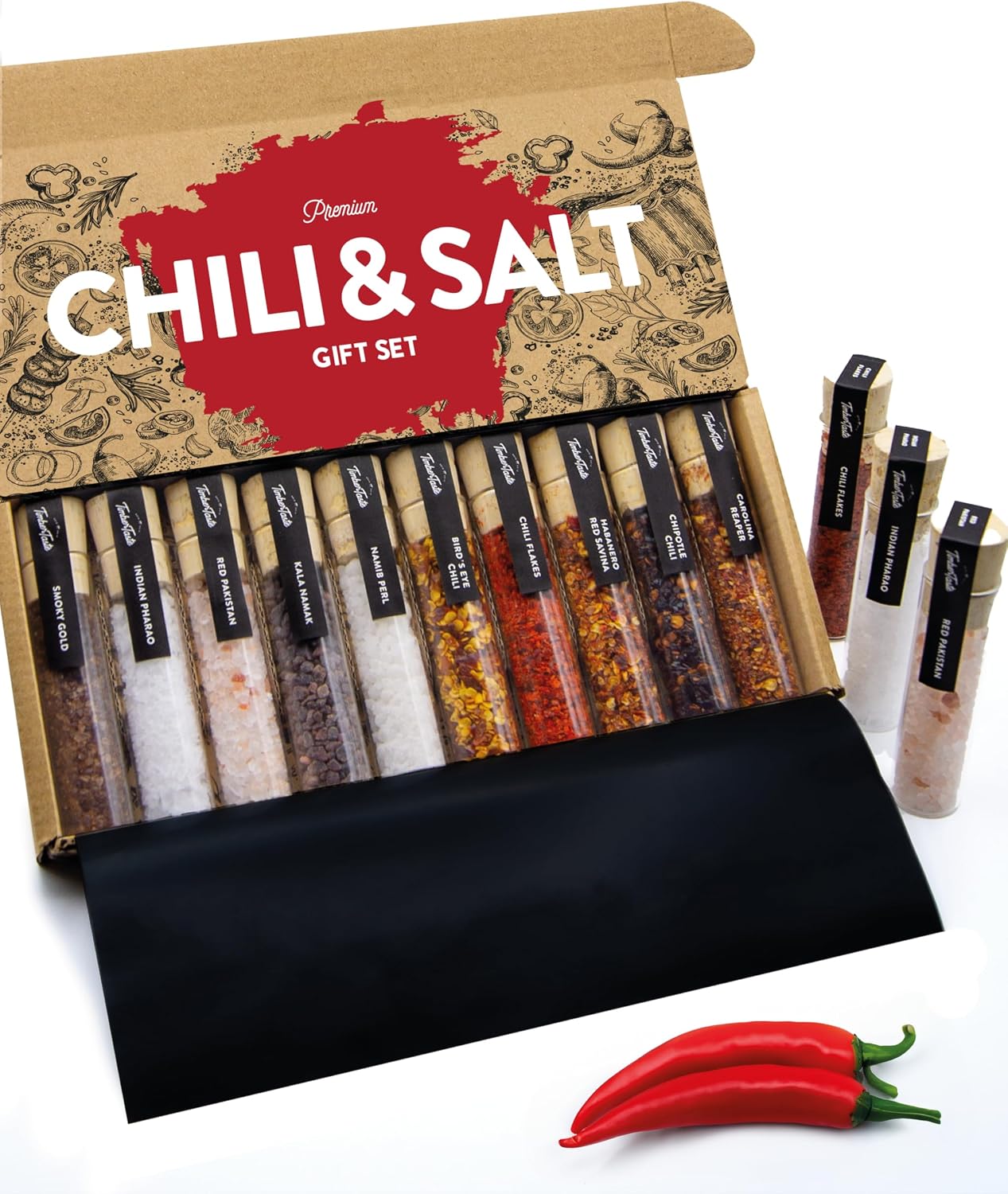 TIMBER TASTE® Hot Salt & Chili Gift Set for Men [UP TO 950,000 SCOVILLE] - 10 Gourmet Spicy Salts & Chili Blends | Seasoning Gift Set for Him | Spice Sampler | Food Basket | Hot Spices for Dad