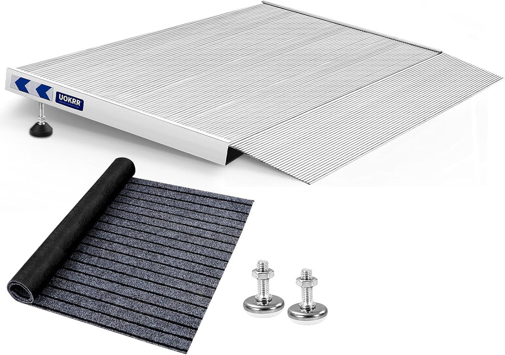 Threshold Ramp for Wheelchairs, 1.6-4.7" Rise and 24"×36" Platform Aluminum Wheelchair Ramp, Door Threshold Ramps with a Non-Slip Thick Door Mat