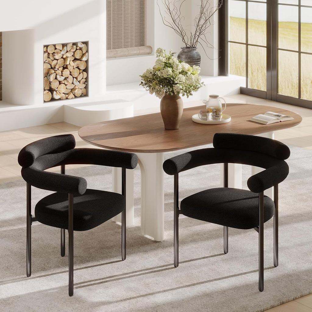 STHOUYN Modern Black Dining Chairs Set of 2 for Kitchen & Dining Room, Boucle Dining Chair with Arms, Barrel Dinner Chairs with Metal Legs & Curved Backres (2PCS, Black)