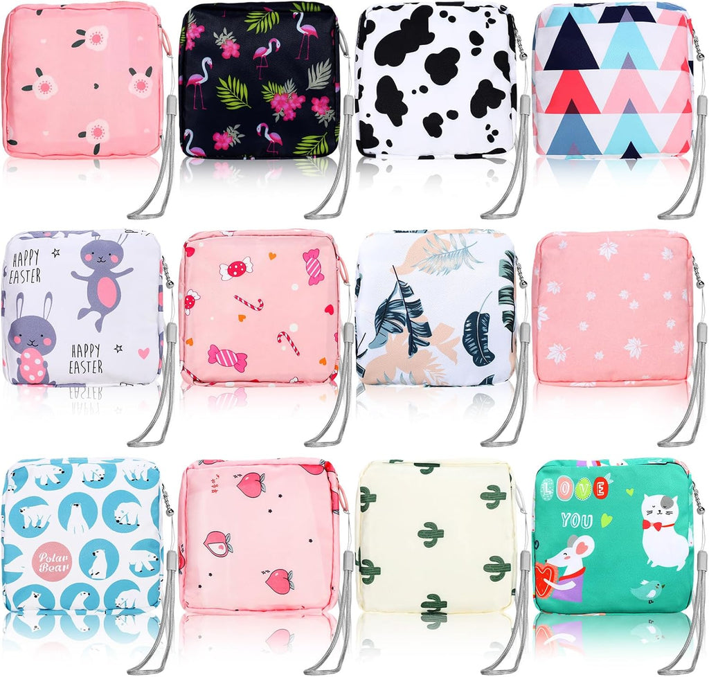 Paterr 12 Pcs Sanitary Napkin Storage Bag Set Including Portable Period Pouch Hand Wrist Strap Lanyard String Holder Tampons Holder Pouch First Period Gift for Purse Teen Girls (Chic Style)