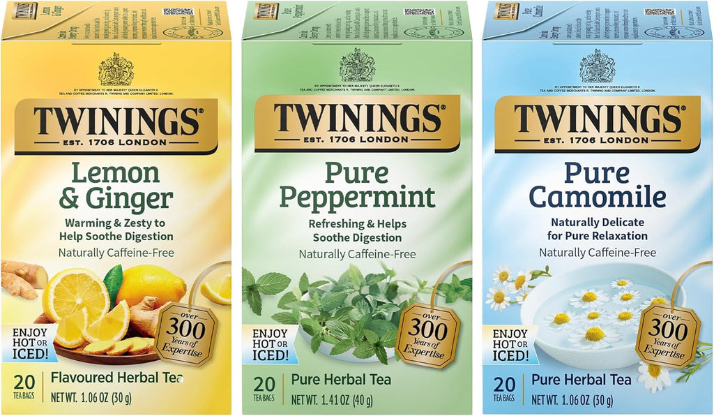 Twinings Herbal Tea Variety 3-Pack – Pure Peppermint, Pure Camomile + Lemon & Ginger Tea Bags, Naturally Caffeine-Free, 20 Count Each