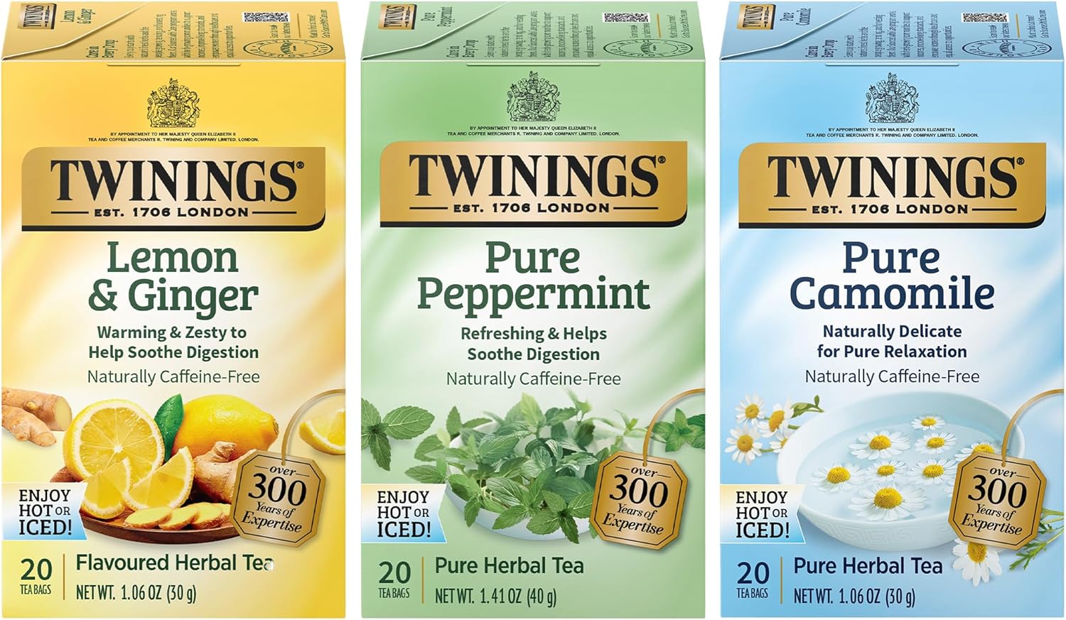 Twinings Herbal Tea Variety 3-Pack – Pure Peppermint, Pure Camomile + Lemon & Ginger Tea Bags, Naturally Caffeine-Free, 20 Count Each